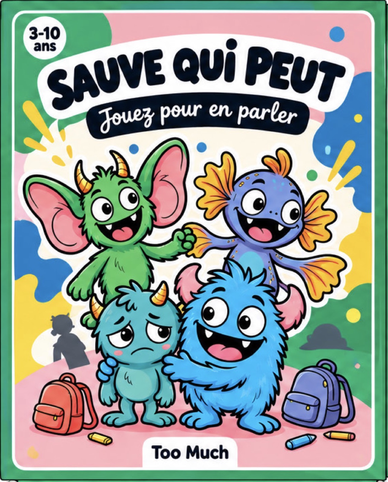 Boîte du jeu Sauve qui peut, avec quatre petits monstres qui se soutiennent