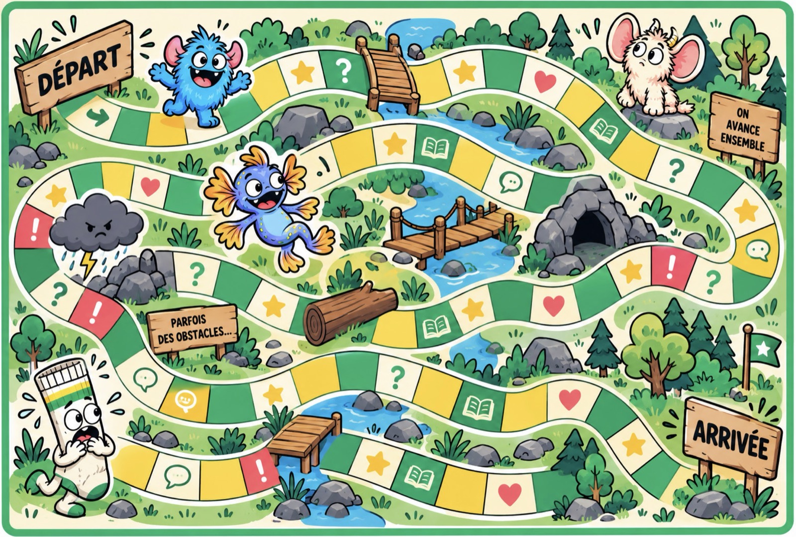 Plateau de jeu : chemin de cases colorées à travers une forêt, du Départ à l’Arrivée